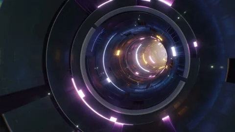 Flight in circular glowing sci-fi technology tunnel. 4k 3d animation loop Stock Footage 195979136