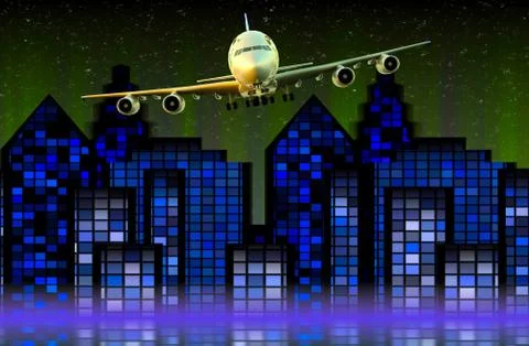 Flight city at night Stock Illustration