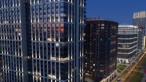 Flight close Moscow city reflection night modern offices elite rich real estate Video stock 116267183