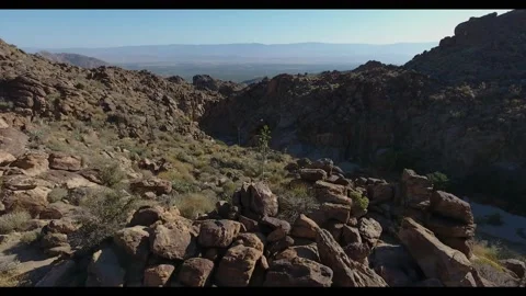 Flight Close Up Mountains Desert Springtime Cacti Canyon Wash Stock Footage 147355915