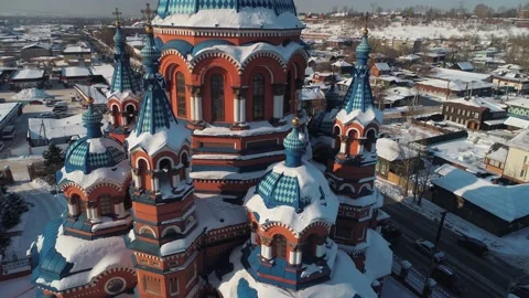 Flight closeup dome facade Kazan Cathedral Irkutsk city winter Russia landmark  Video stock 166946961
