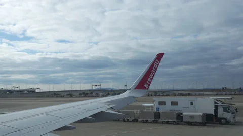 Flight concept airplane open border waiting for taking off cargo luggage Stock Footage 237694895