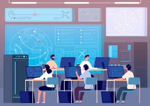 Flight control center. Airport command room, fly track controlling. Operators Stock Illustration