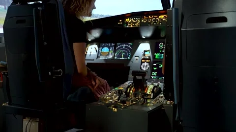 Flight control lesson instructor Airbus A320 cockpit simulator aircraft Stock Footage 315116208