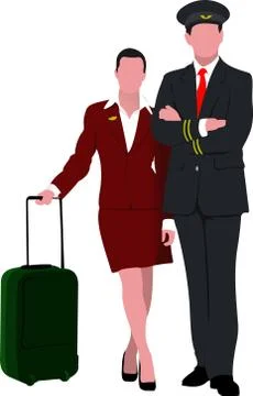 Flight crew. Cheerful pilot and stewardess with trolley, isolated over white  Stock Illustration