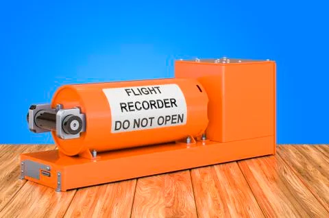 Flight data recorder, black box on the wooden table. 3D rendering Stock Illustration
