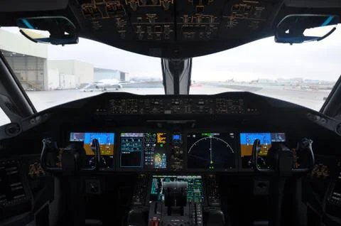 Flight deck of a 787 in day time Stock Photos