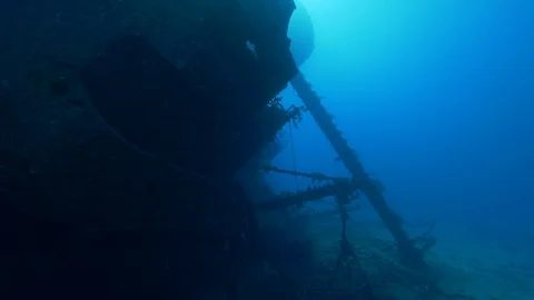 Flight deck and U Crane of the shipwreck Ghiannis D. underwater, Red Sea, Egypt Stock Footage 88541254