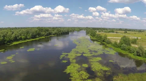 Flight with decrease over river. Aerial   view Stockbeeldmateriaal 40976897