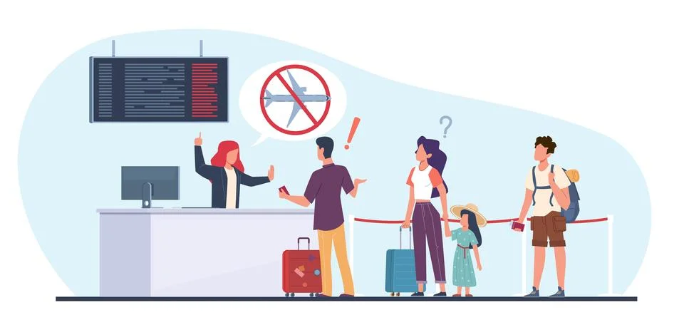 Flight delay or cancellation, passengers upset by flight termination. People Stock Illustration