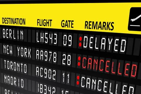 Flight delayed or cancelled display panel in airport Stock Photos