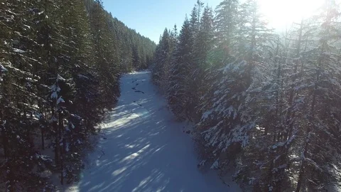 Flight down to the frozen mountain river 스톡 동영상 74259285
