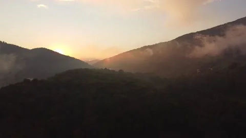 Flight Down Mountains Sunset Landscape Stock Footage 164258132