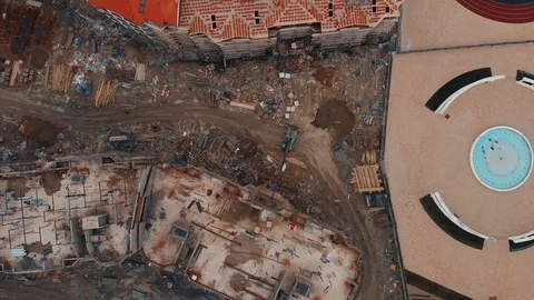 Flight on drone above construction site with building cranes and other equipment Stock Footage 107671467