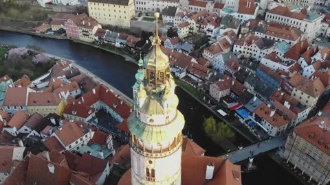 Flight of the drone around the tower of Cesky Krumlov Castle at a sunny day Stock Footage 255780933