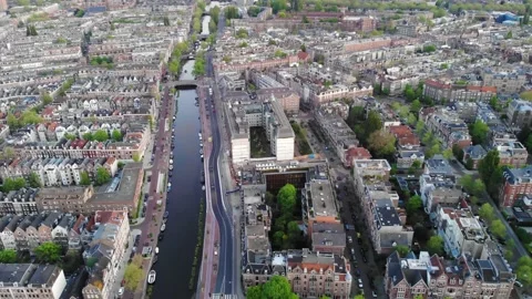 Flight of a drone over canals and the historic center of Amsterdam Stock Footage 144451047