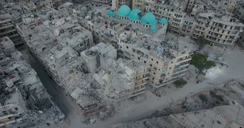 A flight of a drone over the city of Aleppo in Syria Stock Footage