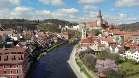 Flight of the drone over the famous ancient czech town Cesky Krumlov Stock Footage 145050554