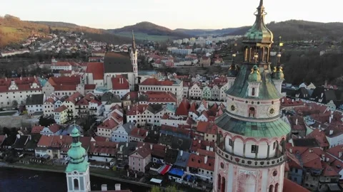 Flight of the drone over the famous ancient czech town Cesky Krumlov Stock Footage 255780964
