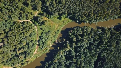 Flight on the drone over the forest and small river Stock Footage 105274898
