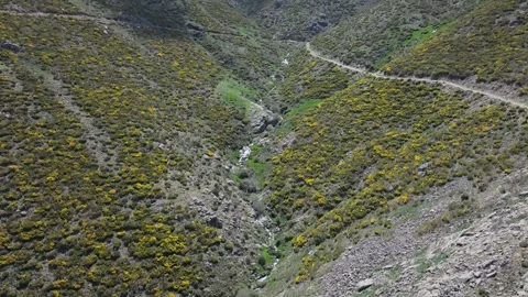 Flight with a drone over a high mountain streamm 스톡 동영상 277221930