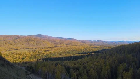 Flight on a drone over mountains covered with forest. autumn. blue sky Stock Footage 145609819