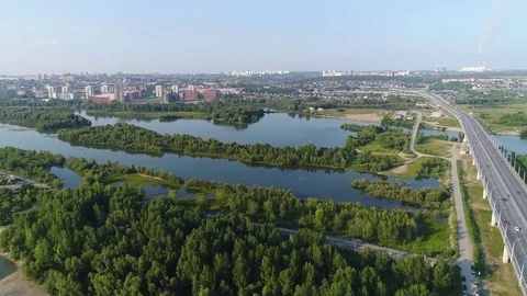 The flight of the drone over the river. Small Islands of trees and shrubs Video stock 78758434