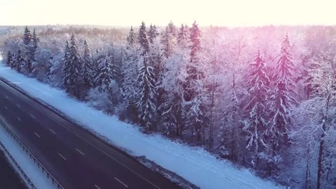 Flight on a drone over the road towards the forest, evening, sunset, Video stock 163679151