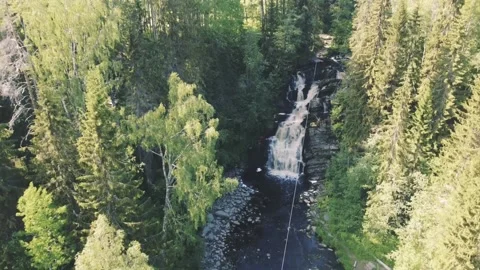 Flight of the drone from top to bottom between trees towards the waterfall Vidéo 161824572