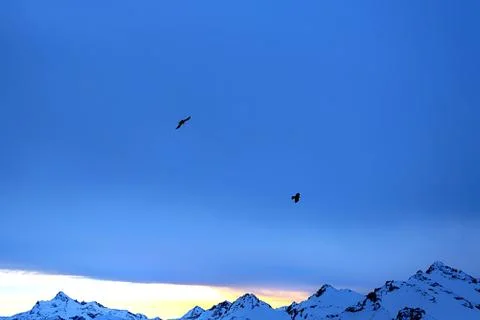 The flight of eagles over the peaks. Mountains and clouds in Kabardino-Balkar Stock Photos