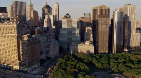Flight east from Battery Park around tip of Manhattan. Shot in 2006. Stock Footage