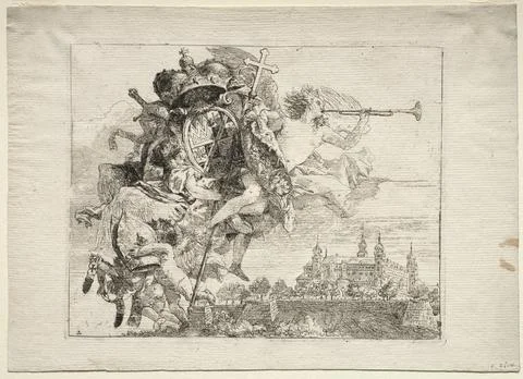 Flight into Egypt: Dedication with Winged Figure of Fame bearing the Arms o.. Illustrazione stock