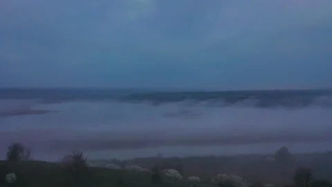 Flight in the evening over a forest glade in a haze of fog Stock Footage 153044979