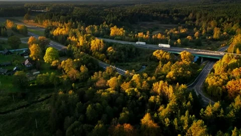 Flight in the evening over a freeway full of greenery. A group of heavy vehicles Stock Footage 167365497