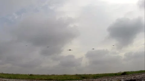 Flight of the five planes in the sky. Video stock 68996654