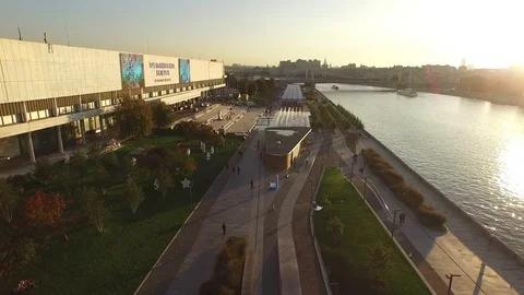 Flight forward along the Tretyakov gallery  at sunset Stock Footage 129816984
