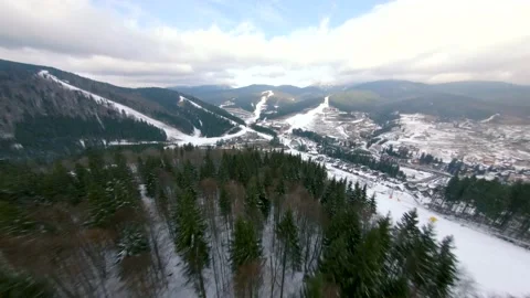 Flight of the FPV drone over a ski resort in the Korpatski mountains. Stock Footage 167428534