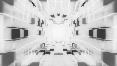 Flight in a futuristic corridor, moving cubes, 3d animation Stock Footage 233151930