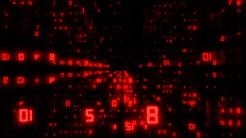 Flight in futuristic cyberspace, black sci-fi background red computer numbers Video stock 198554825