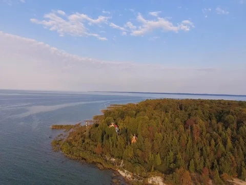 Flight to Grand Traverse Light lighthouse Stock Footage 80164278