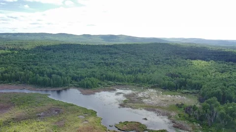 Flight at high altitude over a swampy bed of a wide river Stock Footage 281908046