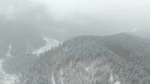 Flight at high altitude over the winter forest in the fog Stock Footage 59123185