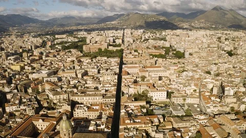Flight in the historic part of Palermo, early sunny morning over the Corso Stock Footage
