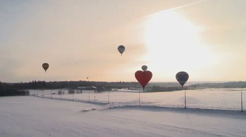 Flight of hot air balloons in winter Stock Footage 44632954