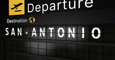 Flight information display board with the arrival city of San-Antonio Stock Footage 146780541