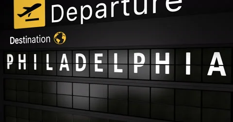 Flight information display board with the arrival city of Philadelphia Stock Footage 146780542