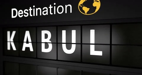Flight information display board with the arrival city of Kabul Stock Footage 146780544