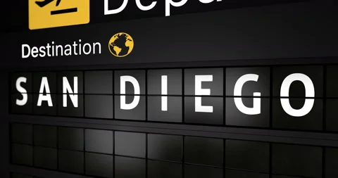 Flight information display board with the arrival city of San diego Stock Footage 146780548