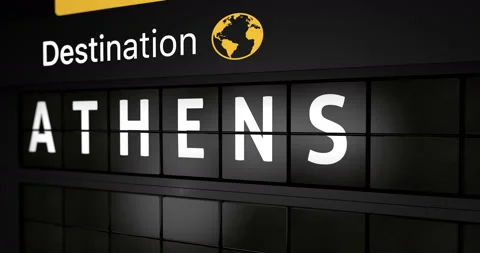 Flight information display board with the arrival city of Athens Stock Footage 146906220
