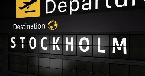 Flight information display board with the arrival city of Stockholm Stock Footage 146907673